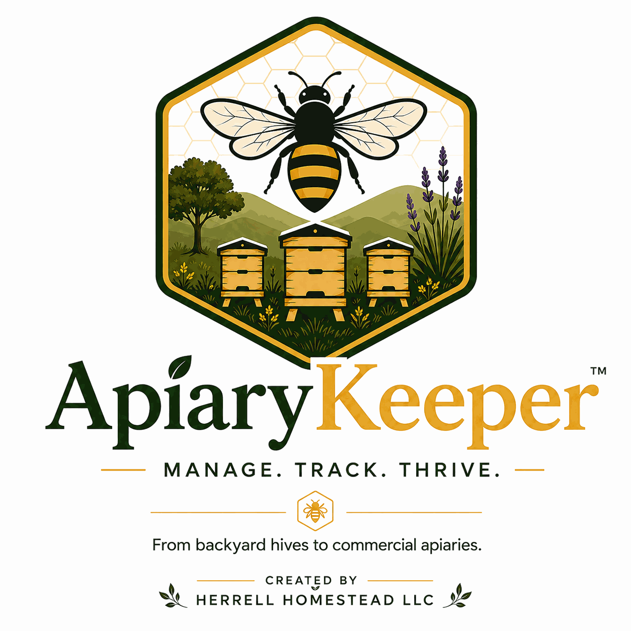 ApiaryKeeper brand mark — Manage. Track. Thrive. Created by Herrell Homestead LLC